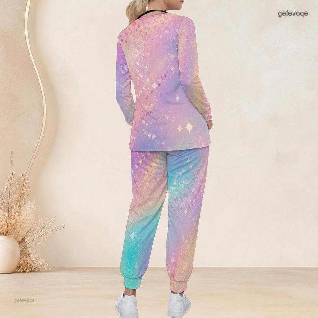 Women Plus Size Pink Purple Printed Nurse Scrub Set V Neck Long Sleeve Pocket Top And Long Pants