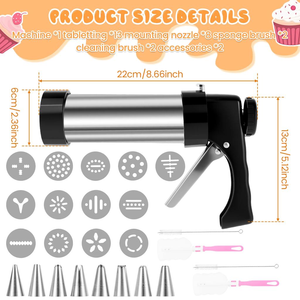 Cookie Press Kit Detachable Stainless Steel Cookie Squeeze Gun Kit with 13 Biscuit Trays 8 Frosting Nozzles Kitchen Baking Tools