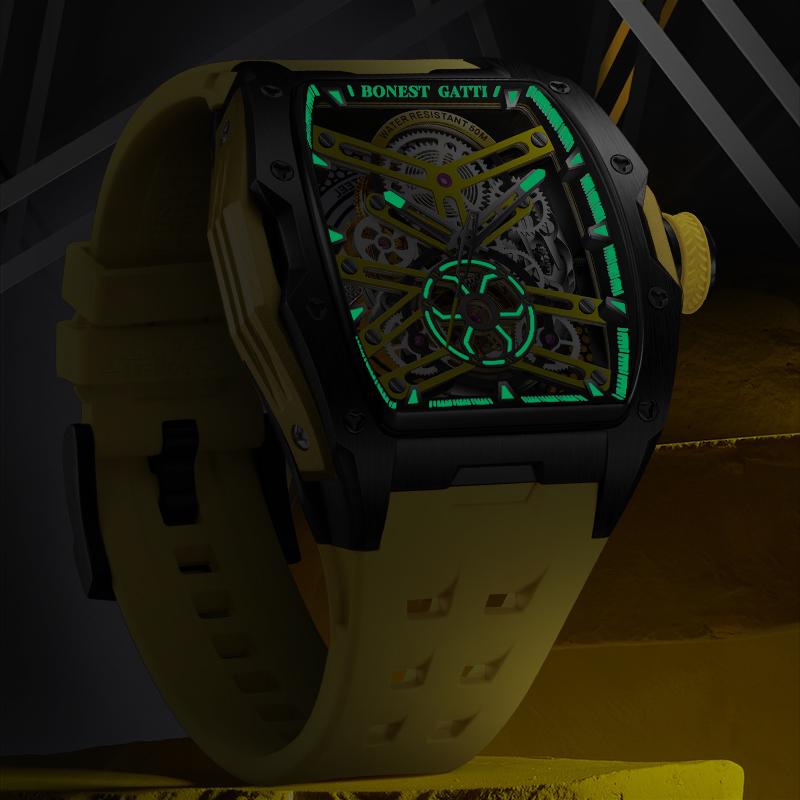 BONEST GATTI German Craftsmanship Men's Watch | Luxury Tonneau Stainless Steel Skeleton Automatic Mechanical Movement Wristwatch