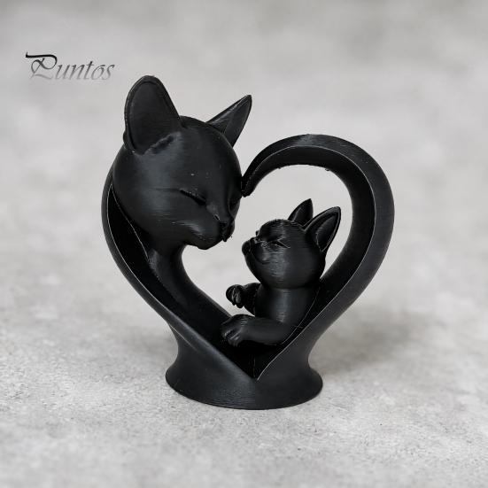 Cute Cat Home Decoration Mother Baby Figurine, 3D Printed Heart Sculpture for Desk Decor, Smooth Surface Statue Modern Art Living Room Study,