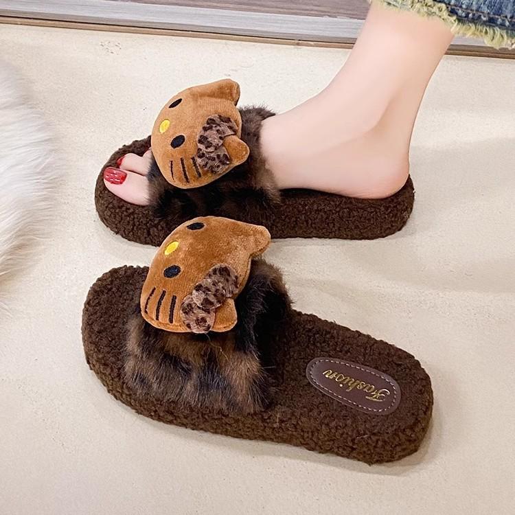 Women's Cute Leopard Print Fuzzy Cat Slippers – Cozy Winter Cotton Slide with Thick Sole