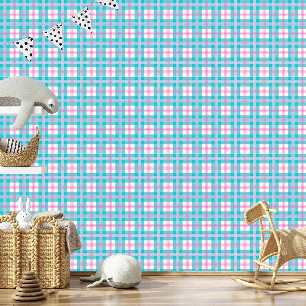 Pink and blue checkered wallpaper, celadon and powder pink, 50x1000