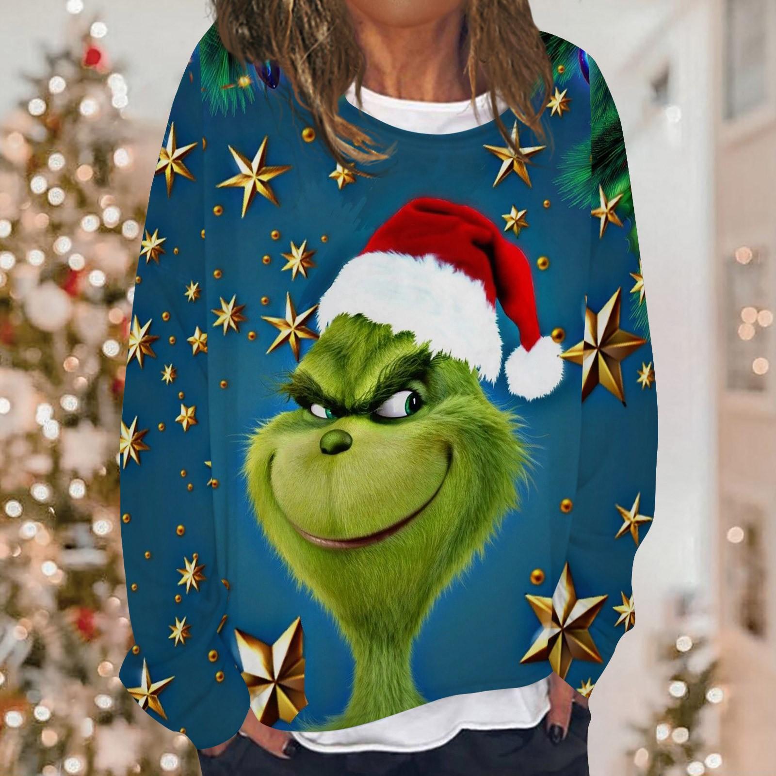 

Женская повседневная модная толстовка с длинным рукавом и круглым вырезом с рождественским принтом, многослойный пуловер, топ XXL синий