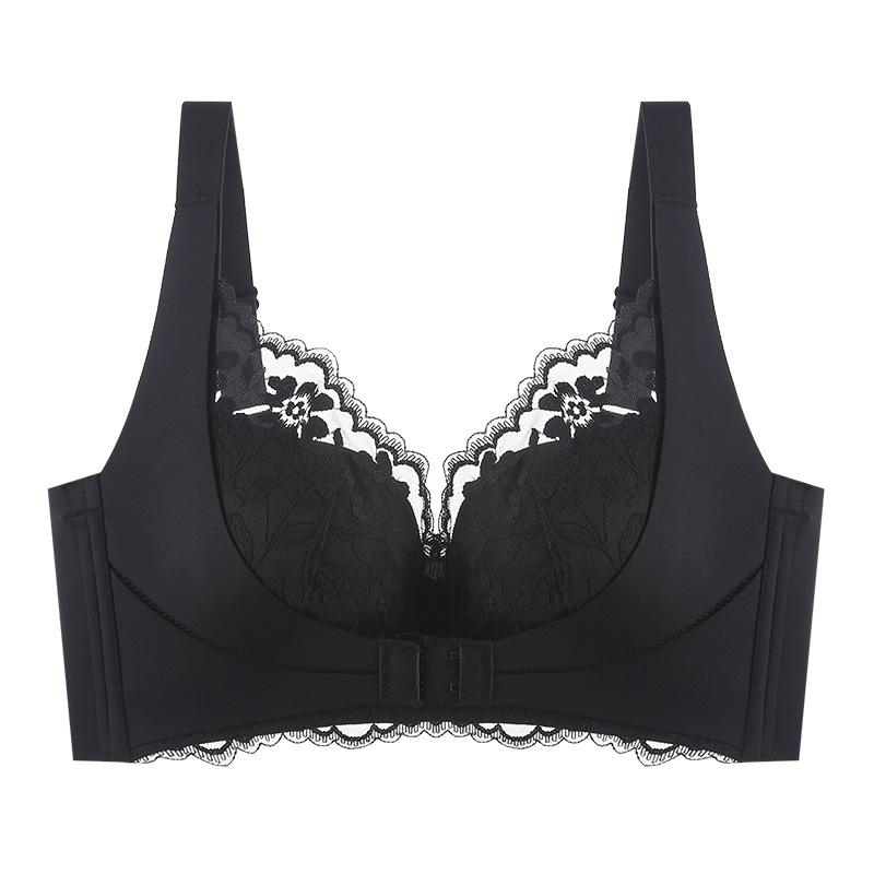 Women Sexy Two Tone Lace Brassiere Gathered Push Up Underwear Wireless Adjustment Front Buckle Bra Comfortable Lingerie