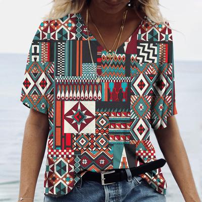 Sommer Übergroßes Damen T-Shirt V-Ausschnitt 3D Vintage Harajuku Lässig Damen Ethno-Stil T-Shirt Kurzärmelig Mädchen Pullover