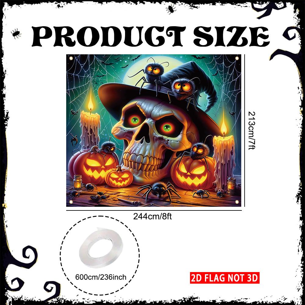 2D Door Flag, 1 Piece, Bizarre Halloween Garage Door Cover Flag - Skull and Spider Pumpkin Design