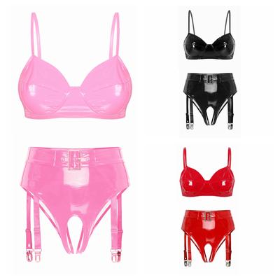 2-teiliges Damen-Dessous-Set aus Lackleder im Wet-Look, BH mit Höschen, Teddy-Bikini-Unterwäsche
