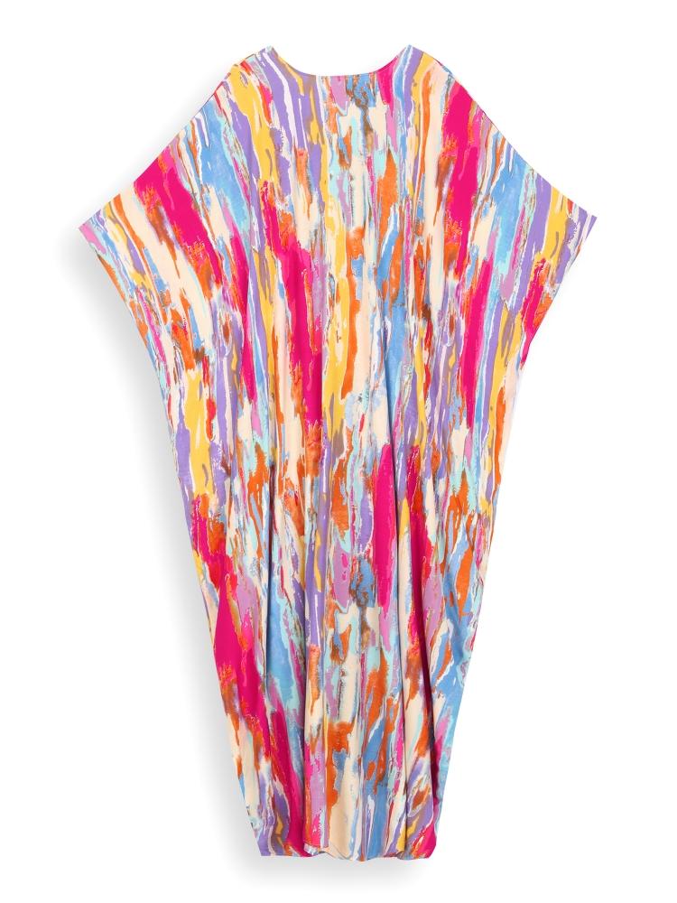 EDOLYNSA Plus size kaftan boêmio multicolorido verão longo vestido de praia feminino roupa de casa roupa de banho cobrir solto caftan