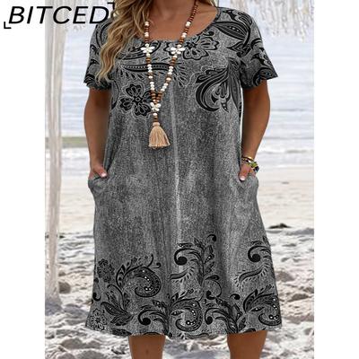 Moda feminina verão primavera manga curta gola redonda vestidos casuais