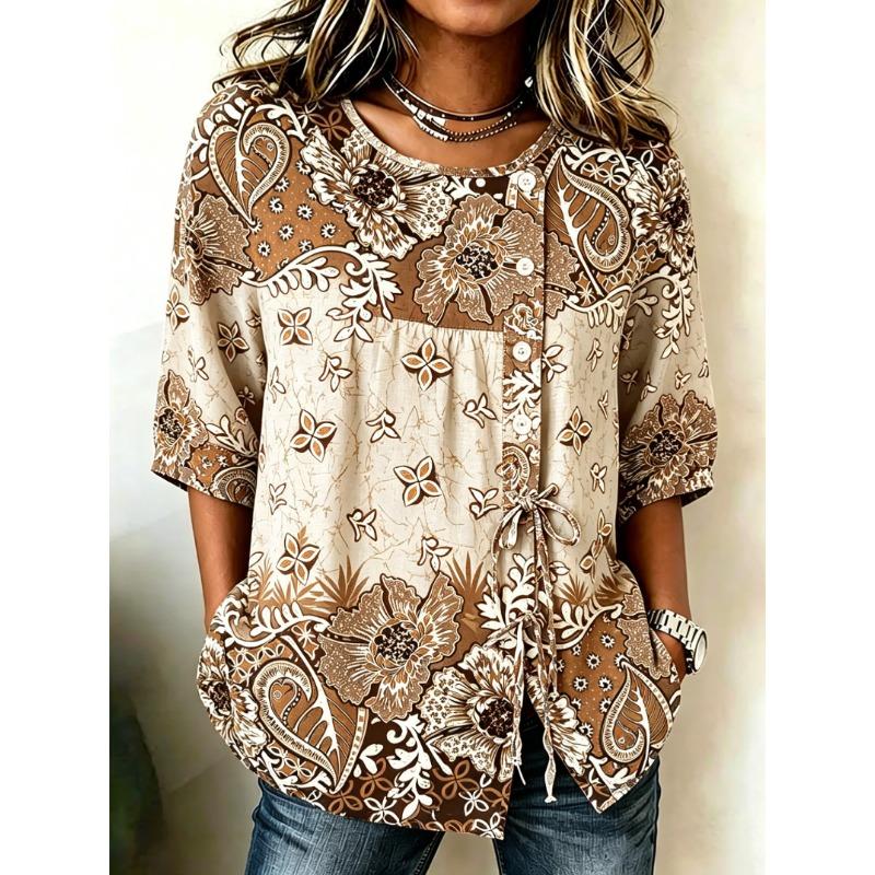 Women's Spring Summer Drawstring Blouse, Boho Paisley & Floral Patchwork Print Casual Tops for Daily Street Holiday Outfit
