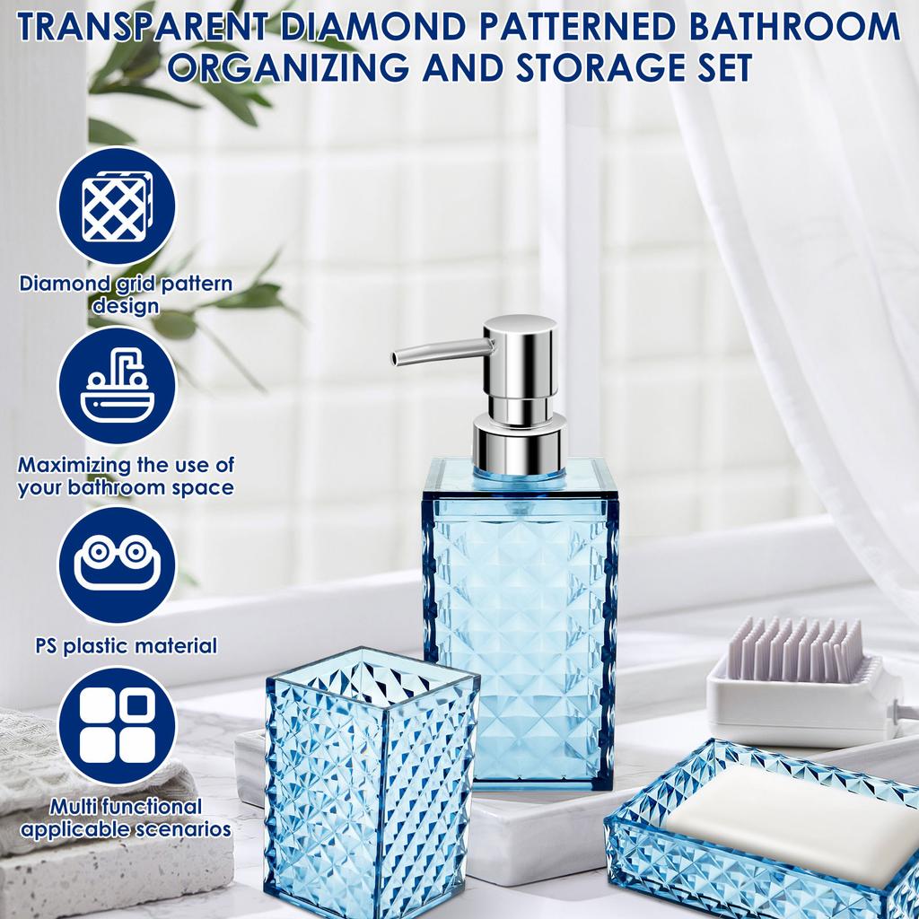 4Pcs Bathroom Accessories Sets Lotion Dispenser Pump Bottle Toothbrush Holder Mouthwash Cup Soap Dish Clear Diamond Pattern