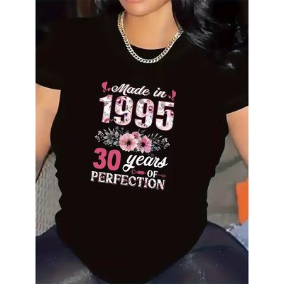 Damen 30. Geburtstag Florales T-Shirt Schwarz Weiß Hergestellt 1995 Aufdruck Bequem Langlebig Lässig Party Treffen Erwachsenen Geschenk Geburtstagsparty Oberteil