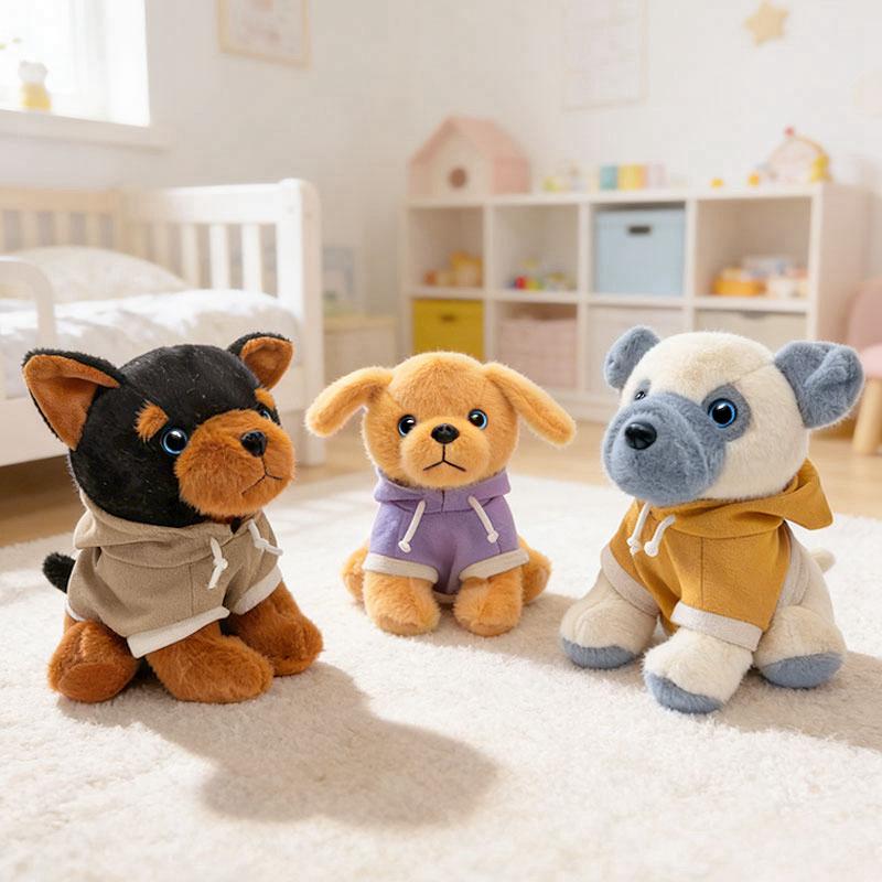 25cm Cute Plush Dog Toy Soft Stuffed Puppy Doll with Hoodie Clothes Perfect Birthday Holiday Gift for Kids Home Room Decoration