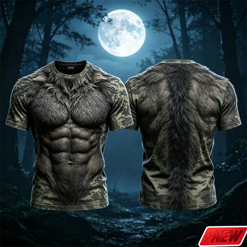 Men 3D Print Fake Wolf Abdominal Muscle Fur Pattern Women's T‑Shirt Fake Hairy Muscle Graphic Short Sleeve Tee Halloween Cosplay Tops