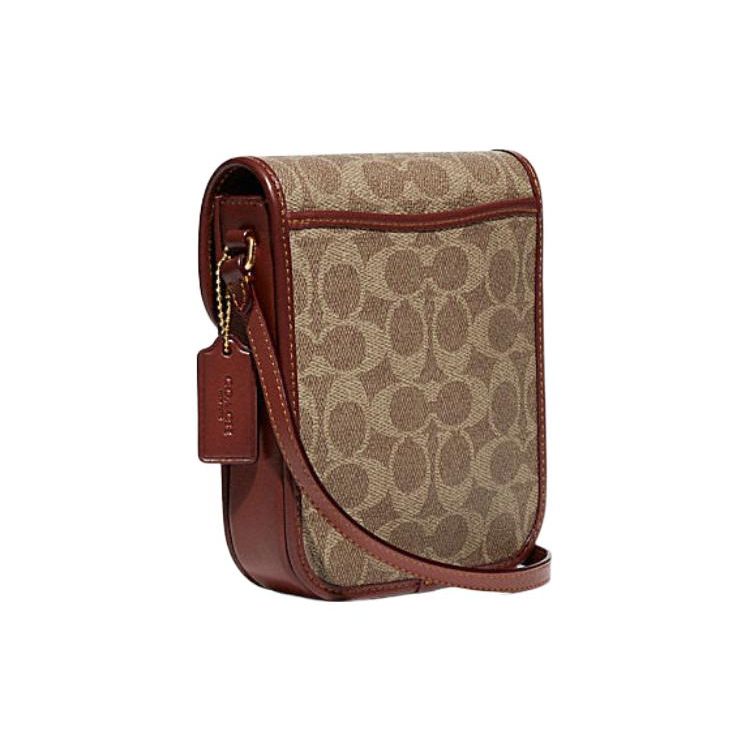 Coach Studio 14 Classic Monogram Pattern Flap Closure Coated Canvas And Calfskin Mini Shoulder Crossbody Bag Women bags Khaki Brown C8484-B4NQ4