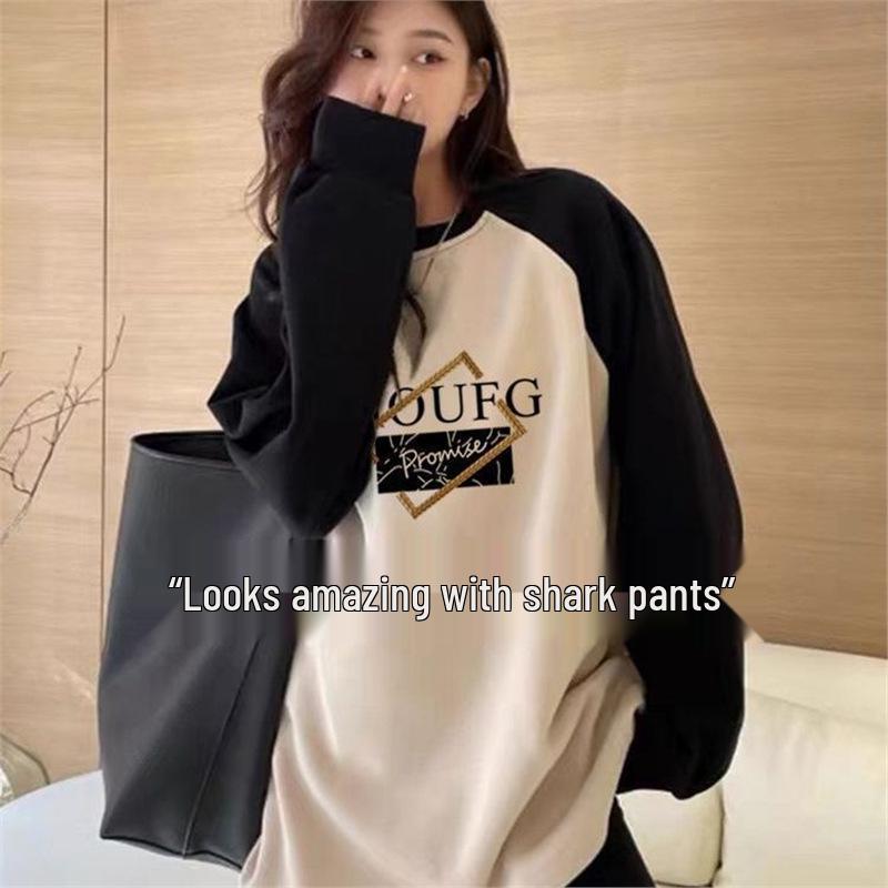 

Женская футболка средней длины из девелюра с рукавами реглан и начесом - Облегающий осенне-зимний топ L for 105-125 lbs