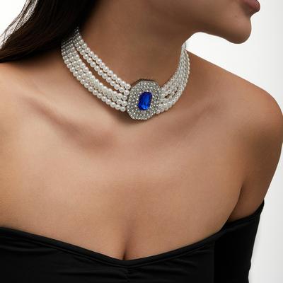 European and American French Retro Beaded Choker Necklace, Imitation Pearl Square Rhinestone Fashion Collar Jewelry for Women