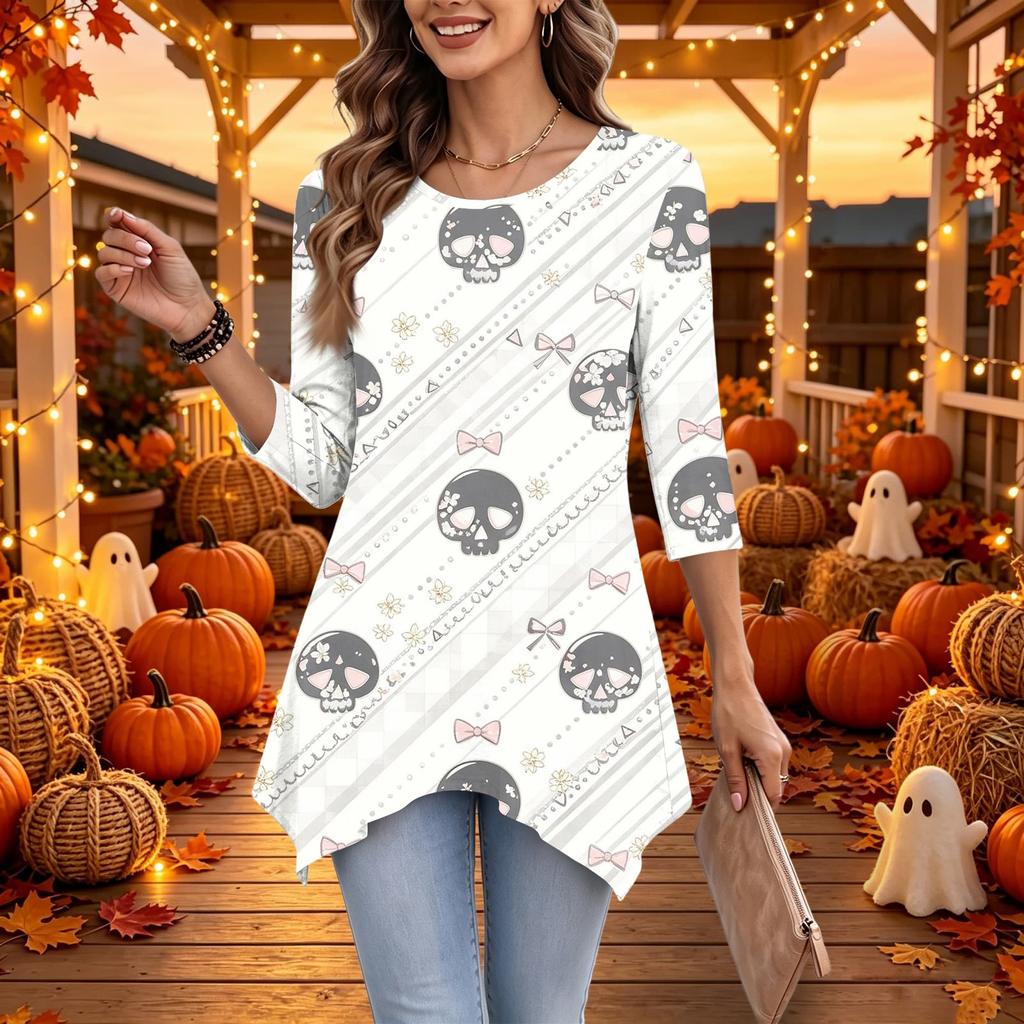 Women's Halloween Print 3/4 Sleeve Loose Fit Casual Top – Fun Holiday Party Tunic Blouse