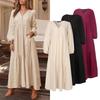 Boho Vintage Womens Maxi Dress Loose Cotton Linen Long Sleeve V Neck Button Down Pocket Dress Femme Robe Fall Winter