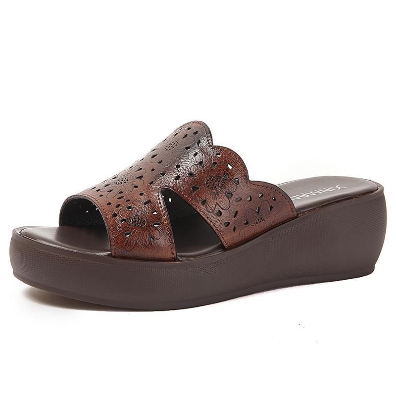 Fashion GKTINOO Summer Slippers Female Fashion Genuine Leather Wedges Heel Soft Sole Hollow Open Toe Mom Shoes Platform Ladies Sandals