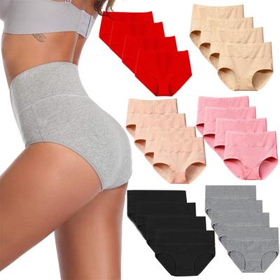 4-teiliges Set hochelastische Damenunterwäsche, weiche Baumwolle, hohe Taille, atmungsaktive, einfarbige Slips für Damen