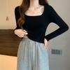 Small Age-reducing Bottoming Shirt Women's Shoulder Square Neck Long-sleeved Shirt Spring Simple Inner Short Top