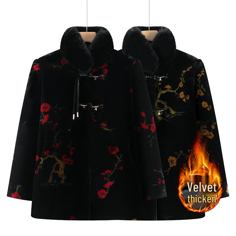 Winter Velvet Jacket with Fur Collar for Seniors - Thick, Loose Faux Mink Cotton-Padded Coat for Moms and Grandmothers