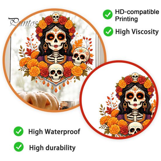 Festive Indoor Outdoor Window Art Day of The Dead Clings, Dia De Los Muertos Sticker, Colorful Decorative Film for Parties Sugar Skull with
