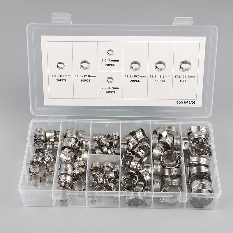 130Pcs 7 Size 304 Stainless Steel Single Ear Hose Clamps 6-21mm Crimp Hose Clamp Assortment Kit Crimp Pinch Fitting Tools