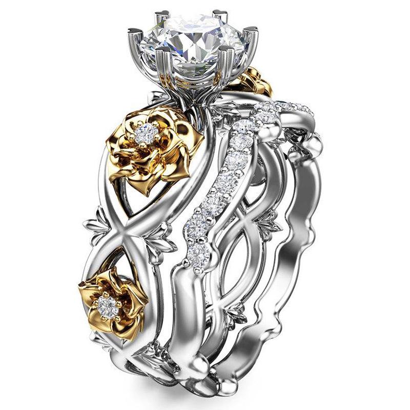 Plated Gold 2pcsset Flower Ring Women Elegant Design Fashionable And Simple