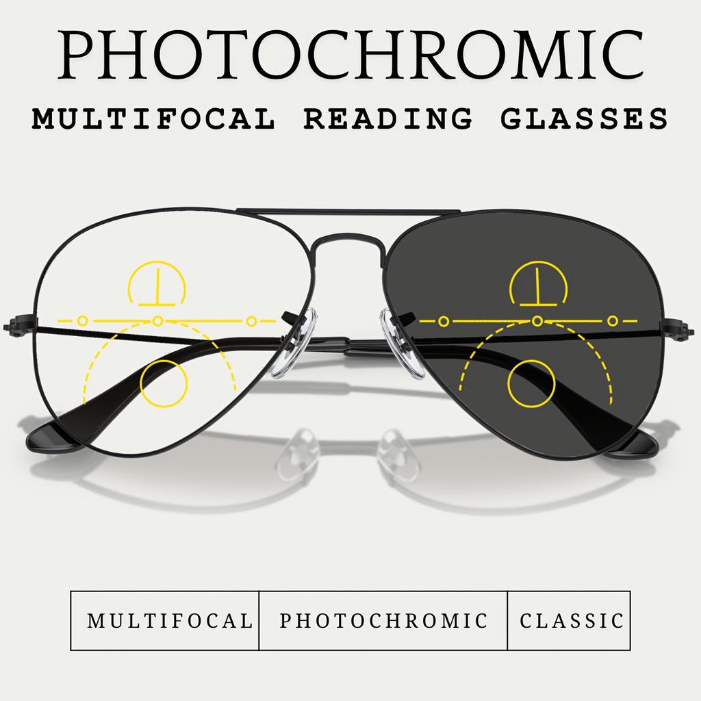 Unisex Fashion Photochromic Multifocal Presbyopia Glasses Ultra-Light Anti-Blue Light Reading Glasses Sunglasses 2 In 1
