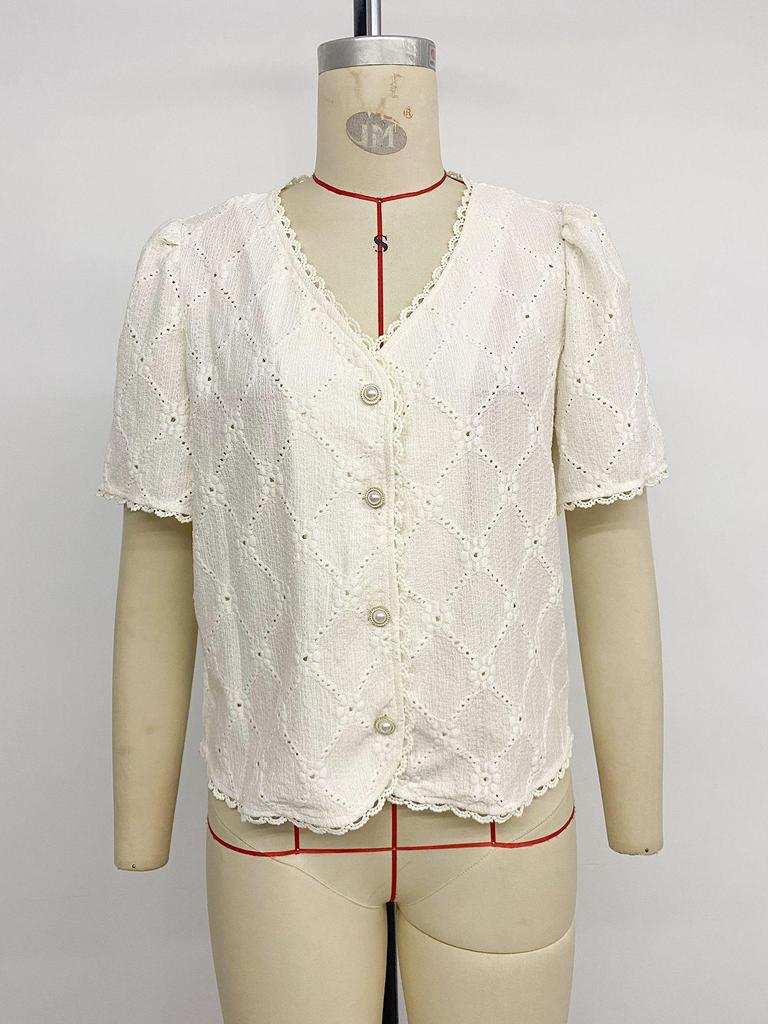 Haut d'été pour femme Style européen et américain 2026 Dentelle Col en V Jacquard Manches Courtes