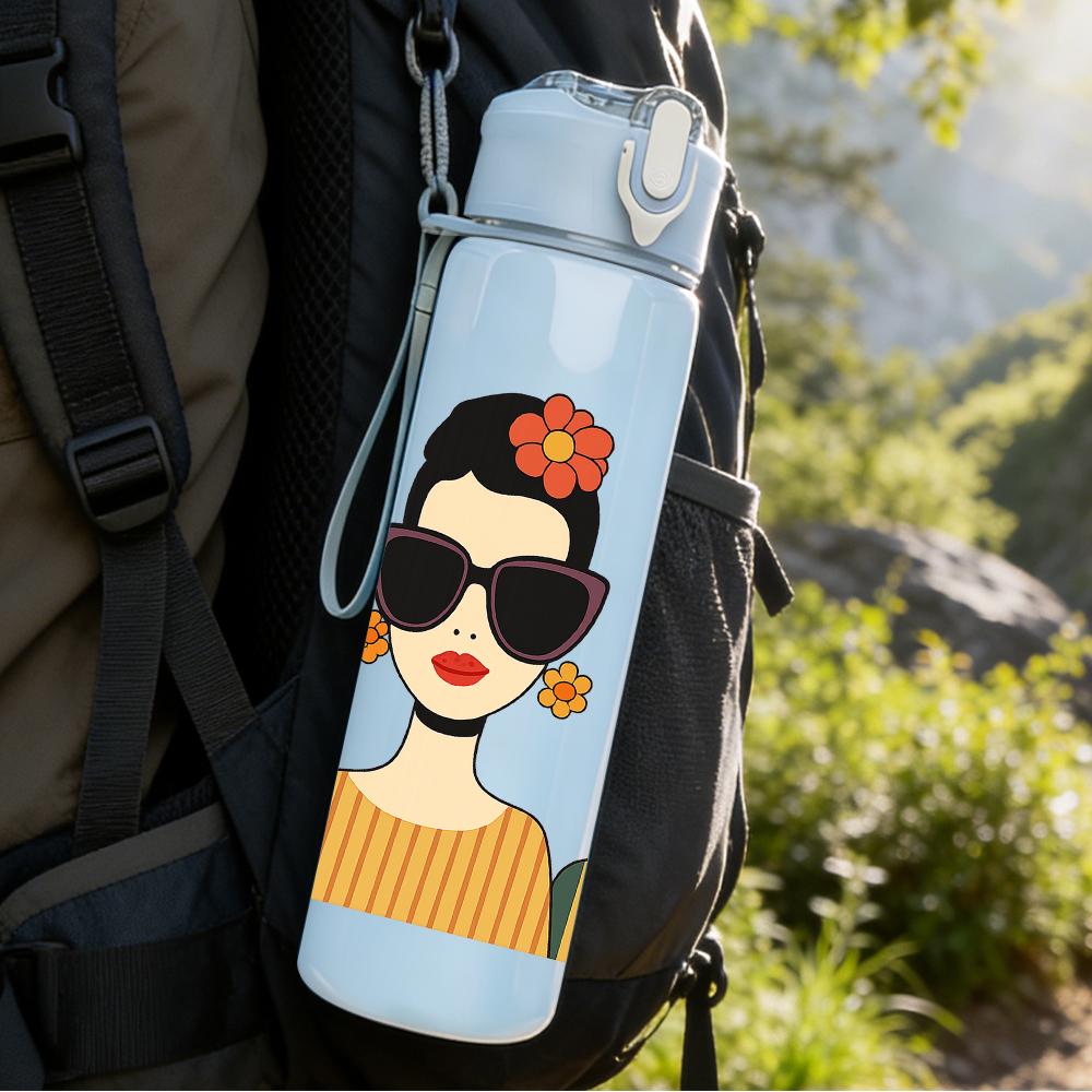 1PC Two Fashion Lady Portrait 750ml Color Plastic Sports Water Bottle Leakproof Flip Straw Lid For Sports Office Home Use