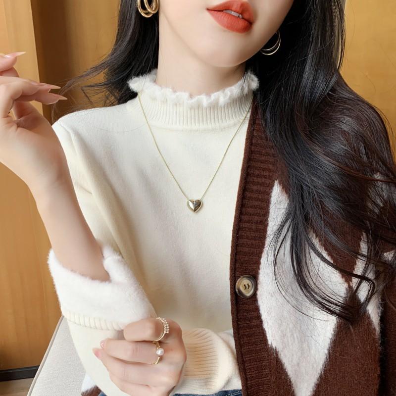 Womens Soft Knit Half Turtleneck Sweater Solid Color Faux Mink Yarn Long Sleeve Base Layer Top