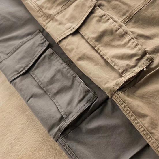 Men Cargo Pants Loose Button Zipper Closure Solid Color High Street Style Straight Leg Pockets Streetwear