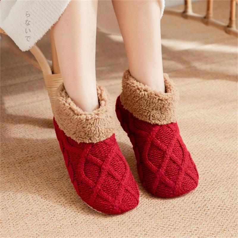 Unisex Thermal Knit Ankle Socks for Cold Weather Nonslip Grip Bottom Soles Floor Socks Thick Fleece Lined Slipper Socks