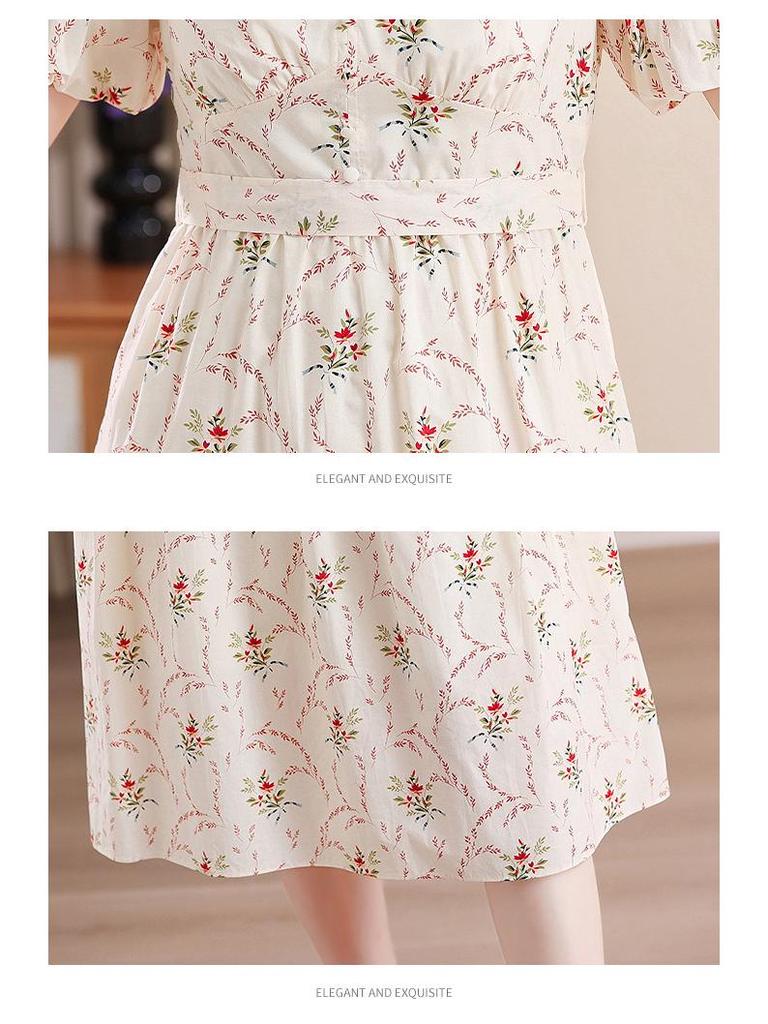 Summer 2024 Retro Floral Puff Sleeve V-Neck French Midi Dress with Waist Slimming Design