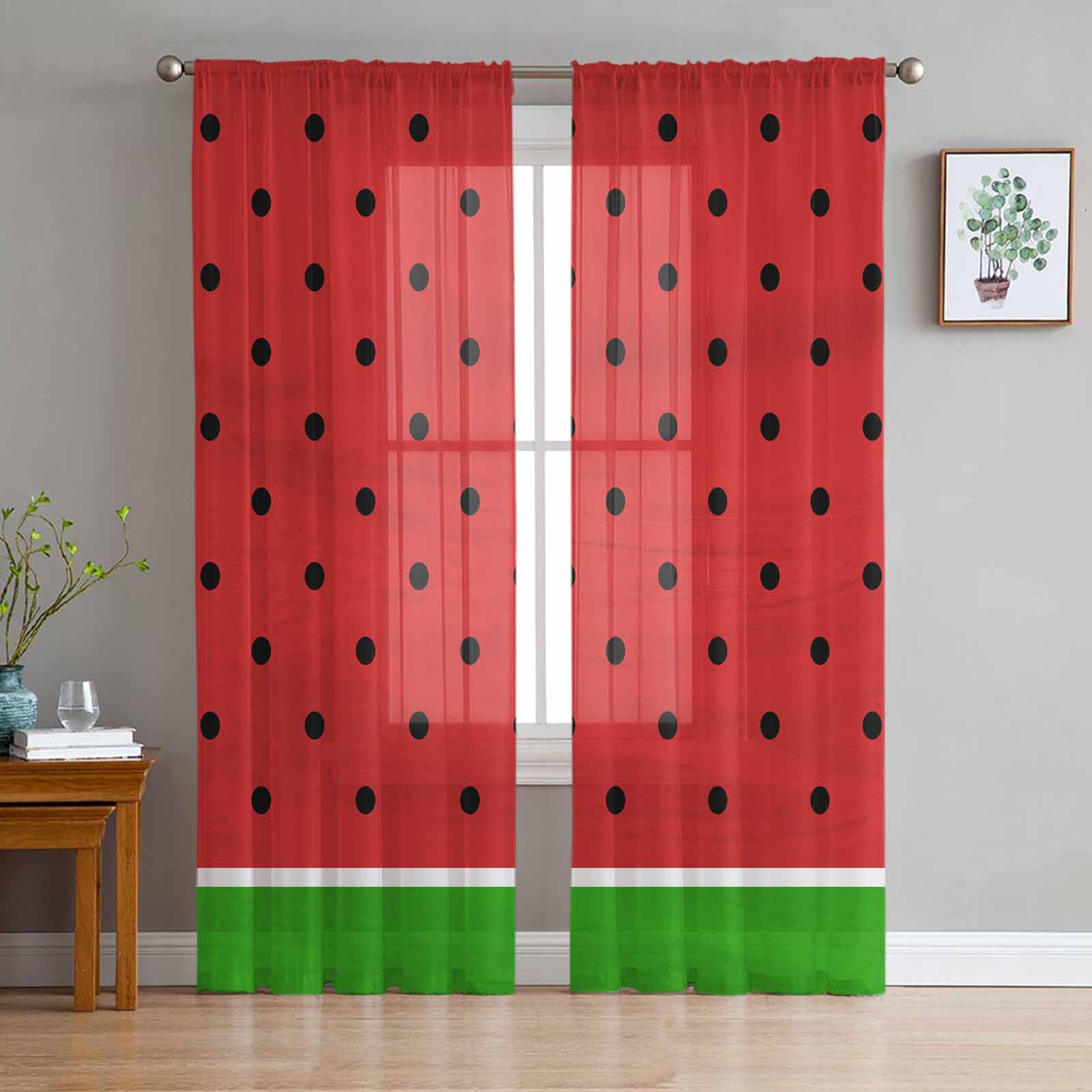 

Летние фруктовые арбузные красные зеленые прозрачные шторы для гостиной, украшения оконных штор, кухонных тюлевых вуалей, штор из органзы W135 x H115cm x1&Grommet Top