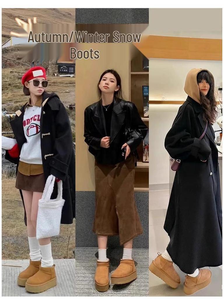Henan Sangpo Women's Fleece-Lined Snow Boots - Thick-Soled Shearling, Zhou Dongyu Style, Pure Wool, Couple's Edition