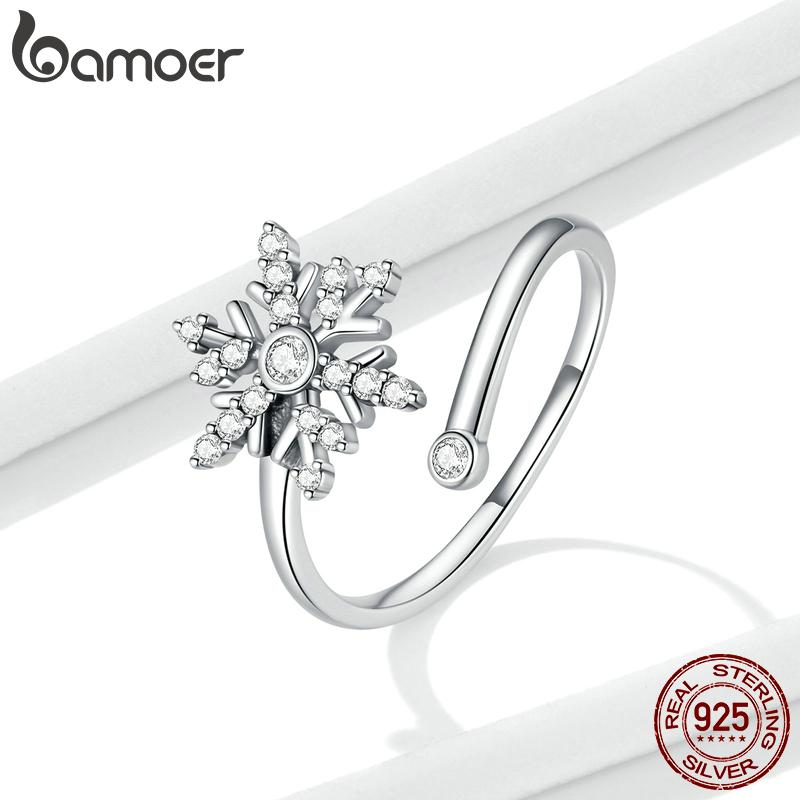 

BAMOER из стерлингового серебра 925 пробы, изысканное элегантное блестящее циркониевое красивое регулируемое кольцо со снежинкой для женщин, ювелирные изделия 925 silver
