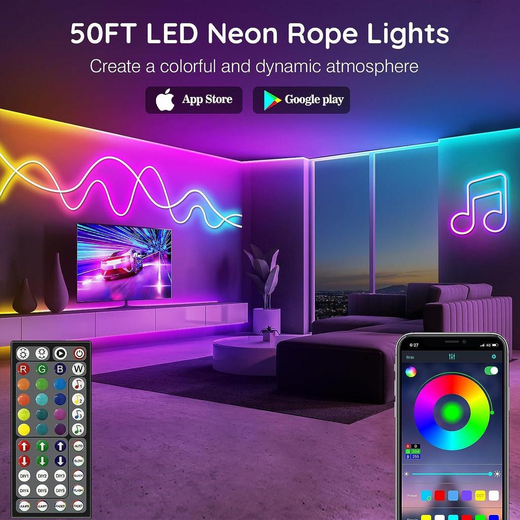 LED Neon Light Strip, Remote & App Controlled, IP65 Flexible 24V RGB