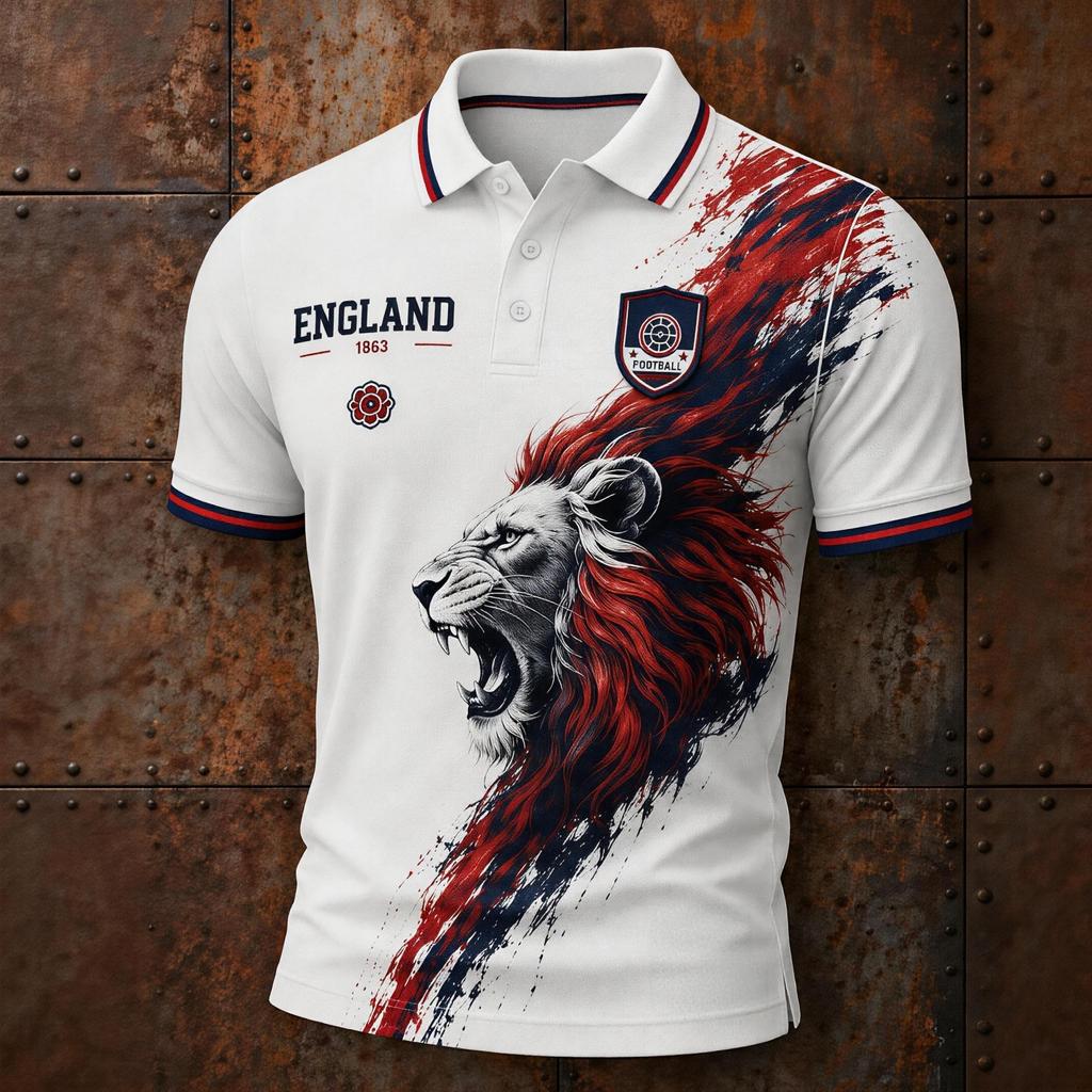 Men's Football Polo Shirt England Inspired Classic Fit Short Sleeve Sports Jersey Breathable Lightweight Fabric