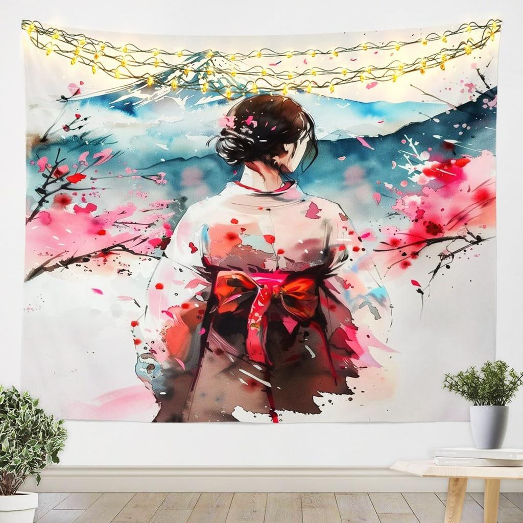 Japanese Girls Geisha Tapestry Large Kids Pink Cherry Blossoms Wall Hanging for Boys Teens Japanese Ukiyoe Wall Blanket Mount
