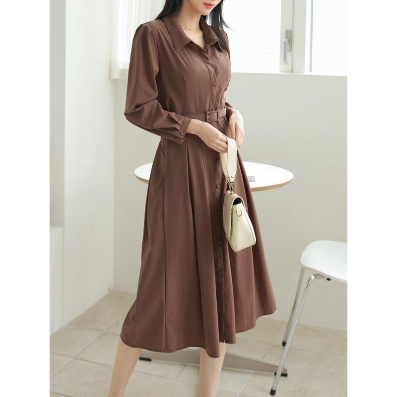 Spring & Fall K-style Plus Size Women's Clothing Work Clothing Ol Single-Breasted Ruched A- Line Long Sleeve Mid Length Long Length Shirt Dress Dress