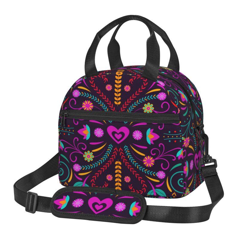 

Mexican Flower Insulated Lunch Bag Women Reusable Thermal Oxford Bento Tote Bags with Adjustable Strap for Work Travel Picnic чёрный