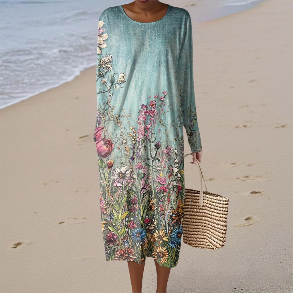 Damenmode Lässig Langarm Blumendruck Rundhals Tasche Elegant Temperament Kleid
