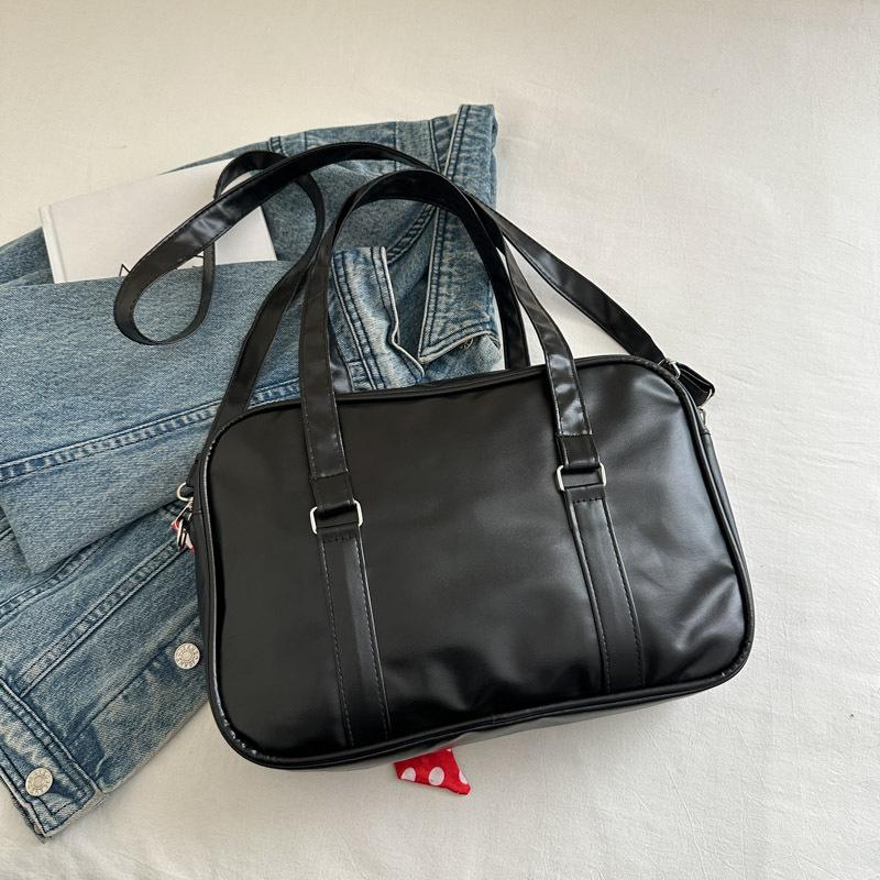 Large Capacity Women's Ribb Shoulder Bags PU Leather Daily Ladies Crossbody Bag Solid Color College Girls Laptop Tote Handbags