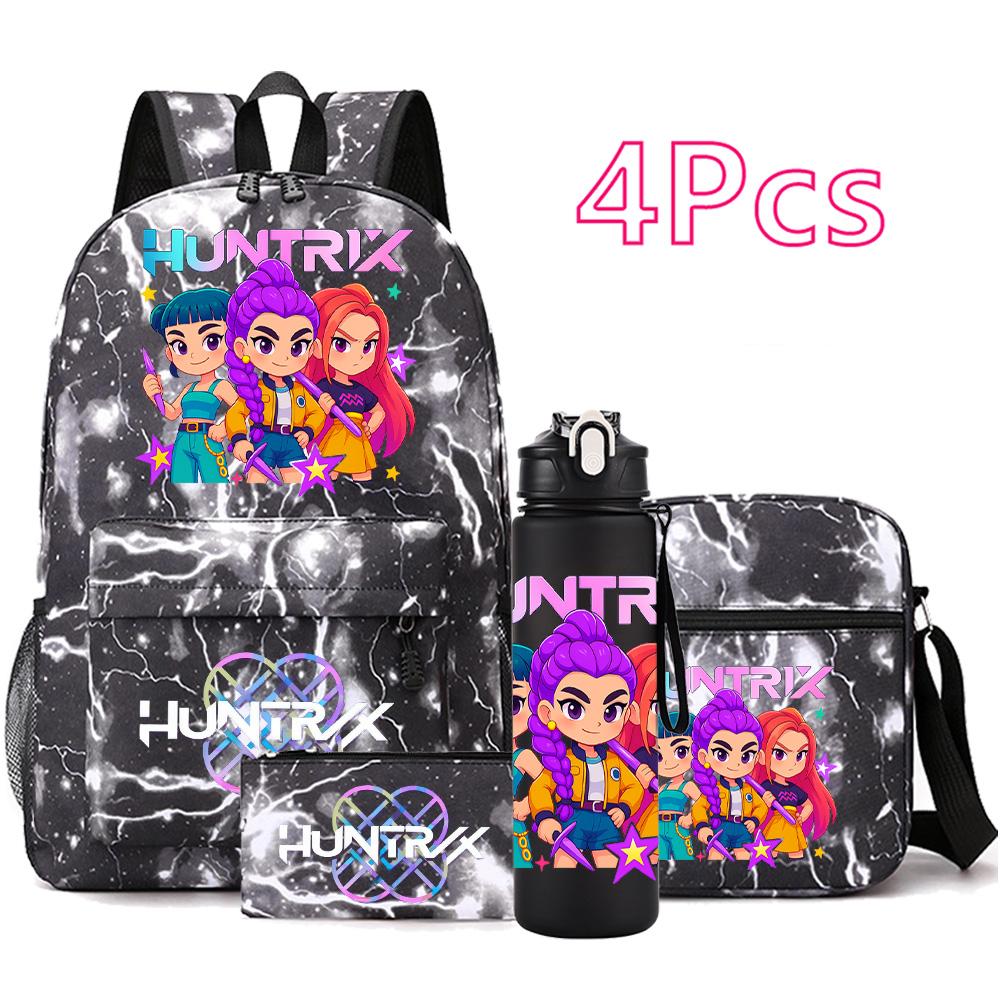 4Pcs/set Cartoon K-pop Printed Backpack Large Capacity Bookbag Shoulder Bag Case Bag with 750ml Water Bottler Boy Girl School Bag Kid Gift
