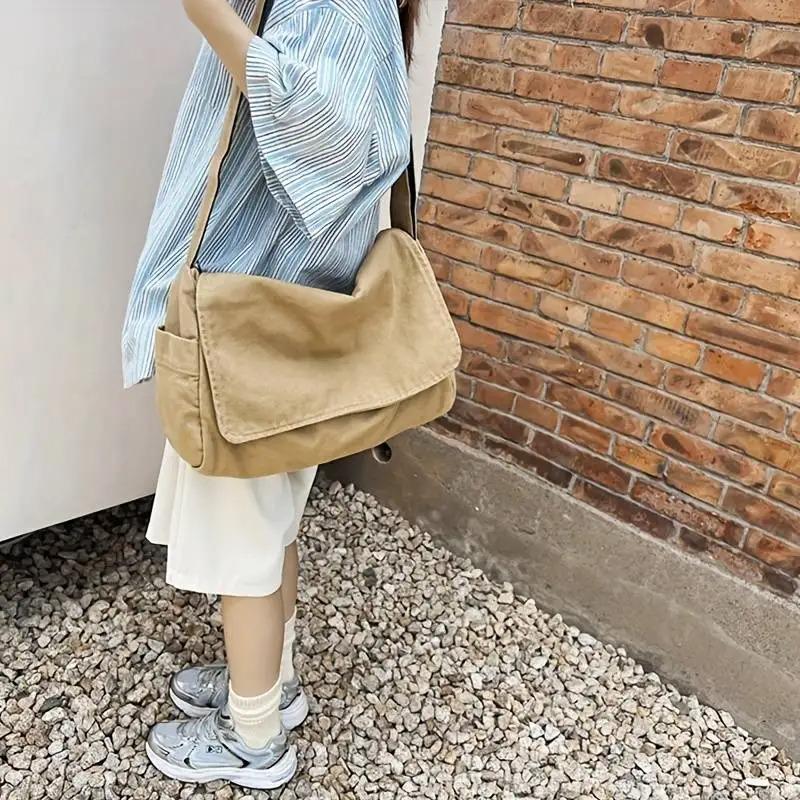 Water-washed canvas sling bag, trendy large-capacity shoulder bag, casual solid colour, student fashion messenger bag