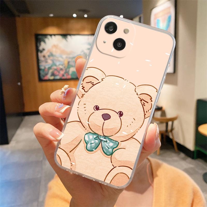 Cute BEAR Transparent Phone Case For iPhone 15 14 13 12 Mini 11 Pro Max XS X XR 7 8 Plus Clear Shockproof Silicone Cover